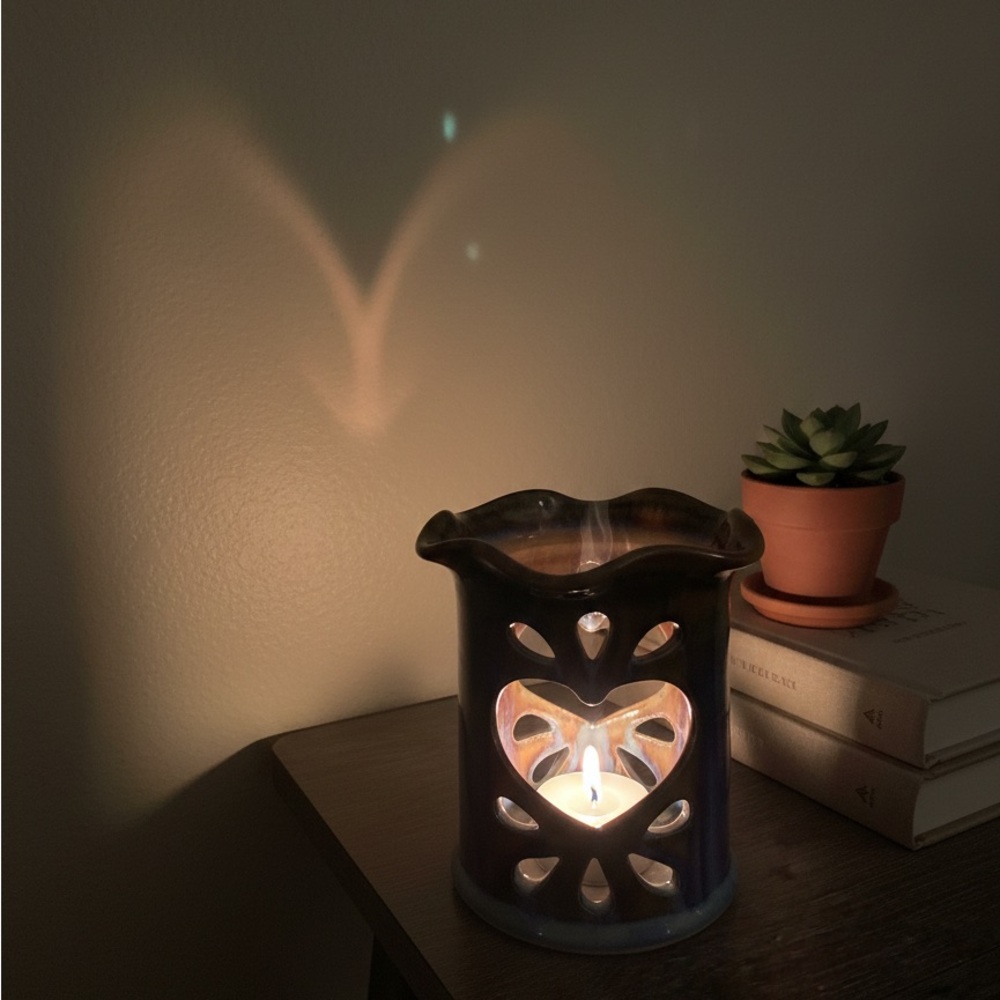 Vintage Studio Art Pottery Heart Cutout Candle Luminary - Blue Drip Glaze